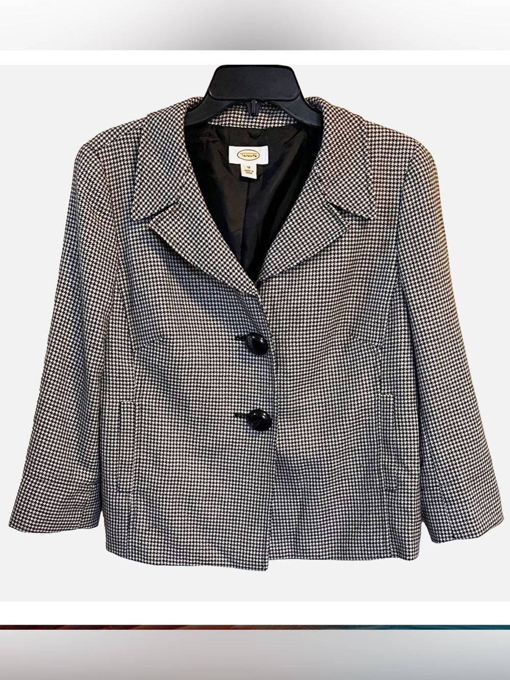 Talbots Wool Houndstooth Blazer Jacket Women’s Sz 12 Black White Career Classic